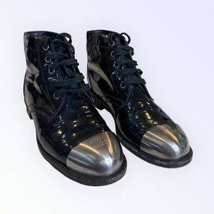 *SUPER RARE* Chanel Patent Leather Metal Toe CC Boots 37